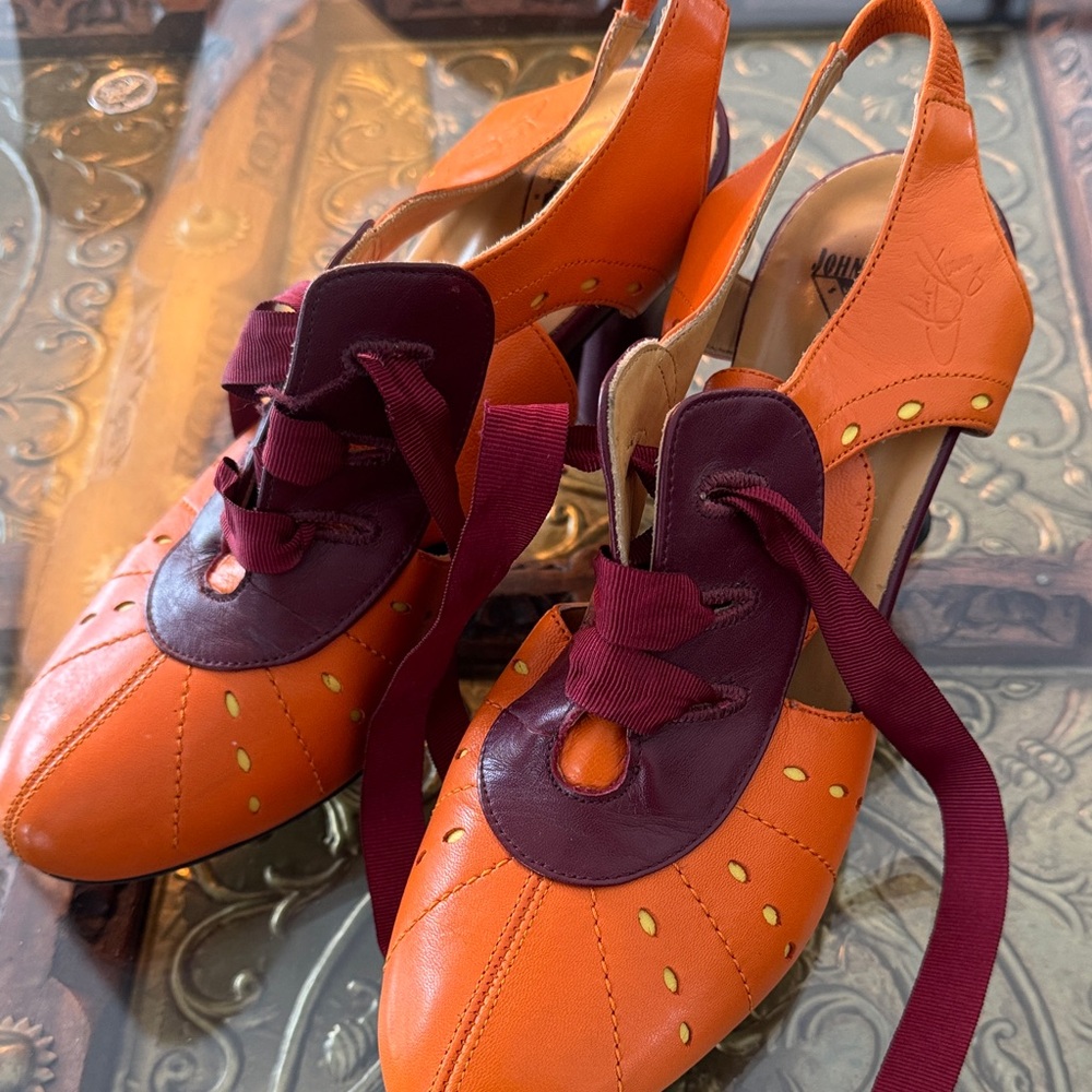 John Fluevog Orange and Burgundy Leather Slingback Heels